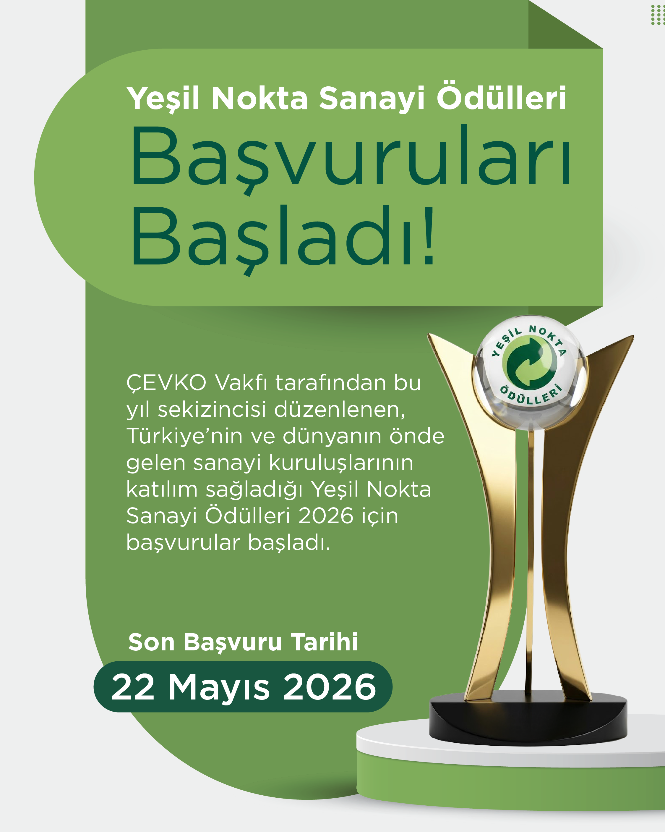 ÇEVKO Vakfı — Sürdürülebilirliğe Katkı Yapan Kuruluşlar Ödüllendiriliyor Çevko Vakfı Yeşil Nokta Sanayi Ödülleri 2026 Başvuruları Başladı — image 1 of 4